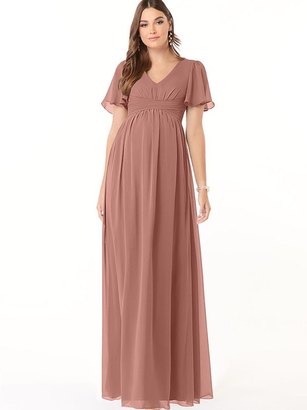 Azazie Maternity - A-Line V-Neck Ruched Chiffon Floor-Length Dress Cedar Rose